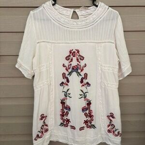 White Floral Embroidered Tunic Blouse | Cottagecore Bohemian Top‎ Medium